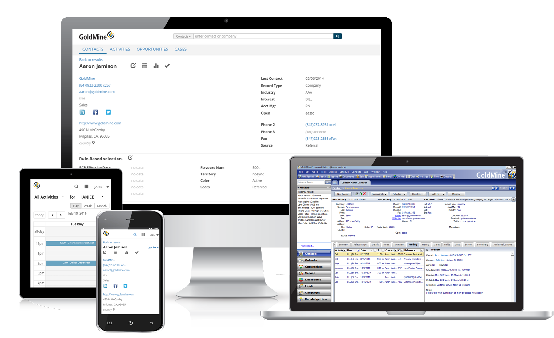 desktop computer, mobile phone and laptop showing screenshots of GoldMine CRM