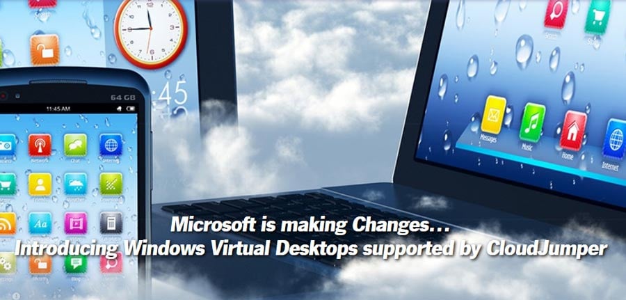 CloudJumper announcement with Microsoft laptop and phone in clouds in background